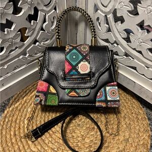Black Patchwork Accent Top-Handle Crossbody Bag